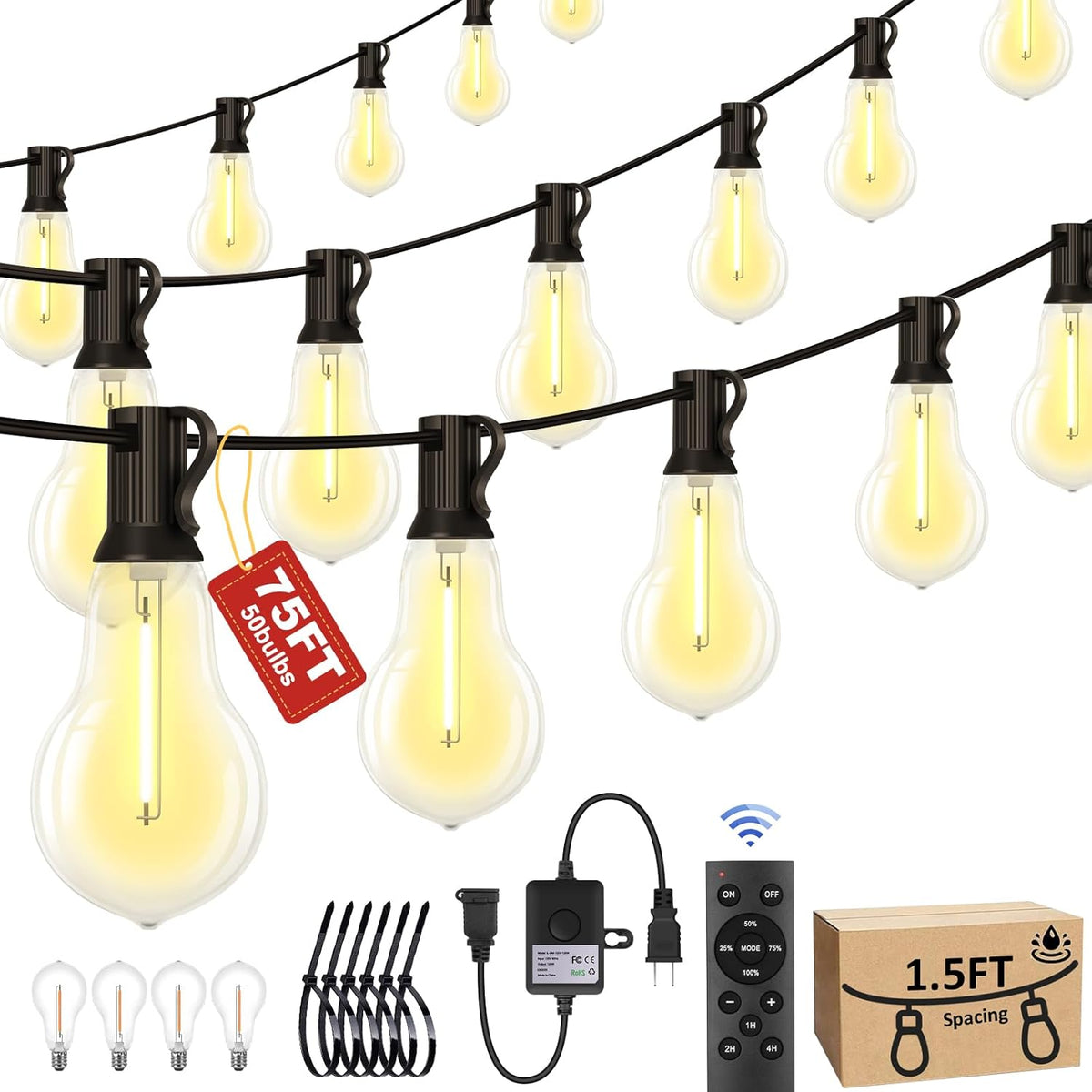 75FT Outdoor String Lights Waterproof with 50+4 Bulbs (1.5FT Bulbs Spacing), Remote & Dimmer