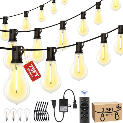 75FT Outdoor String Lights Waterproof with 50+4 Bulbs (1.5FT Bulbs Spacing), Remote & Dimmer
