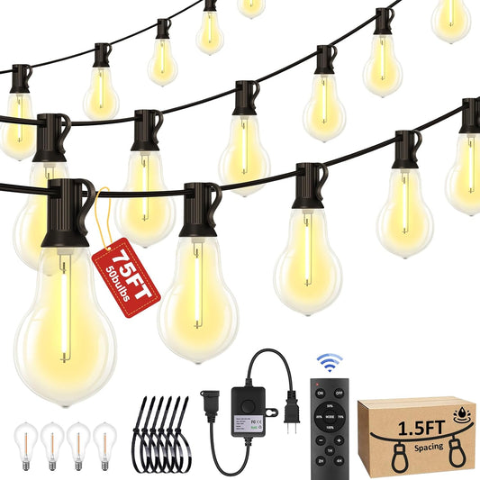 75FT Outdoor String Lights Waterproof with 50+4 Bulbs (1.5FT Bulbs Spacing), Remote & Dimmer