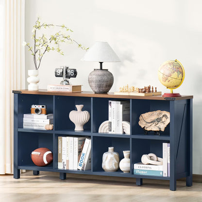 8 Cube Book Shelf, Farmhouse Wood Long Storage Organizer Bookcase, 62" Horizontal Navy Blue Console