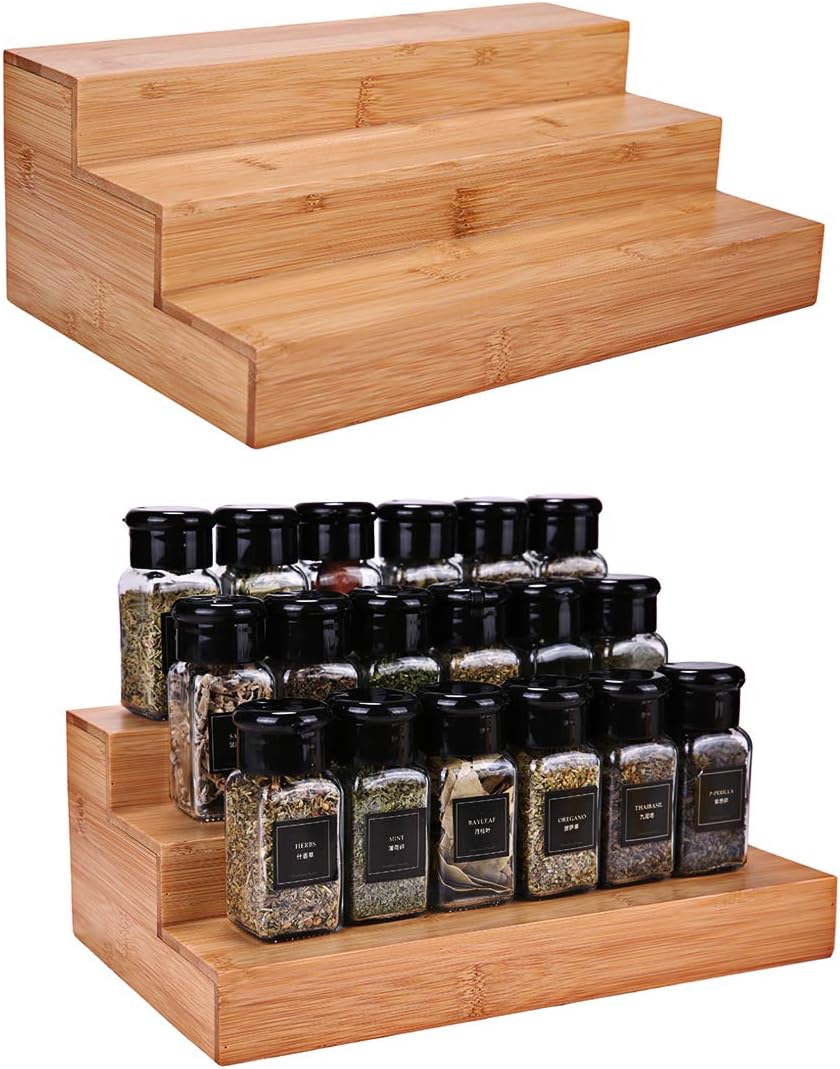Step Spice Rack Set Cabinet Shelf Spice Holder, 3-Tier Bamboo Spice Organizers for