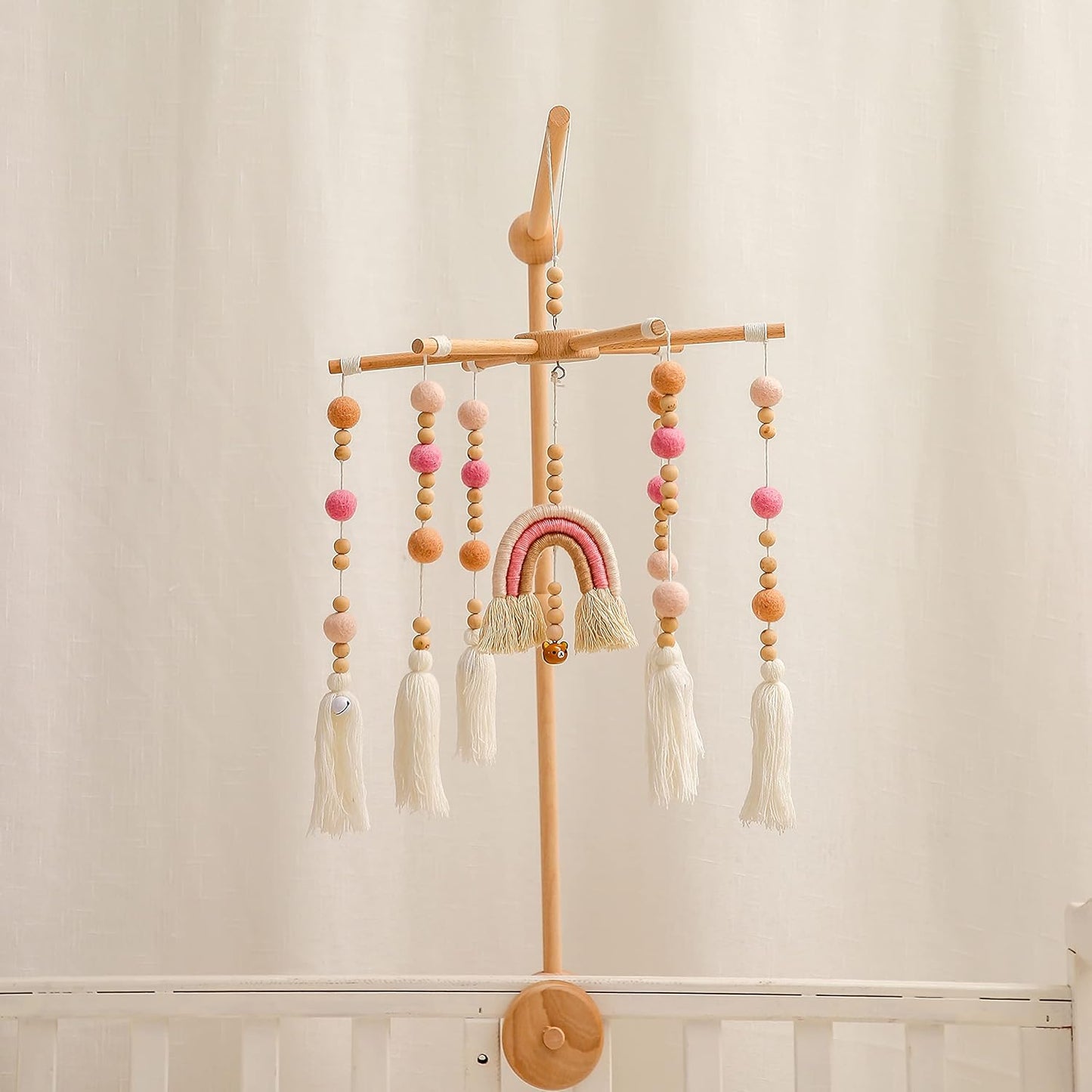 Baby Crib Mobile,Crib Mobile Wooden Mobile with Colorful Cotton Ball Wool Felt Ball Boho Baby