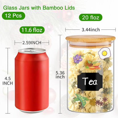 Glass Jars with Bamboo Lids 20 oz, 12 Pcs Stackable Kitchen Glass Pantry Storage Containers with