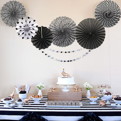 Party Hanging Paper Fans Set, Black Round Pattern Paper Garlands Decoration for Birthday Wedding