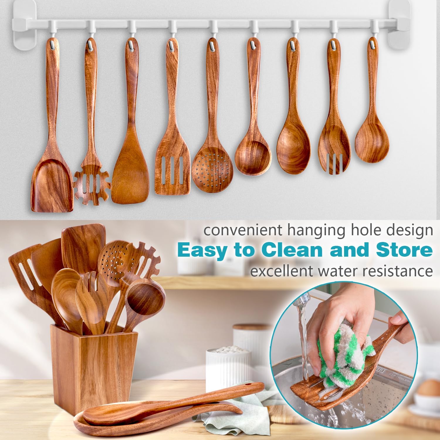 Wooden Spoons for Cooking, Acacia Wood Cooking Utensils Set – 11 Piece Wooden Kitchen Tools with