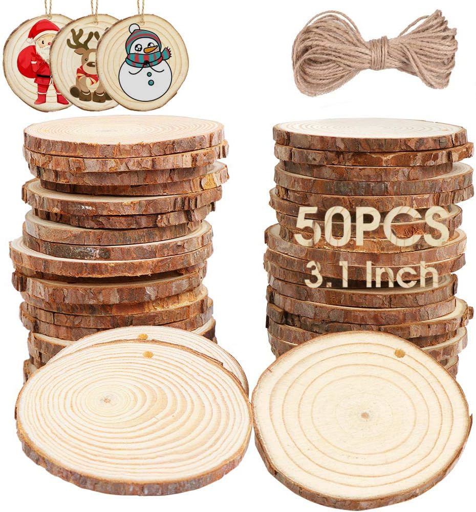 AerWo Natural Wood Slices 50 Pcs 2.7-3.1 Inches Craft Wood Kit Unfinished Predrilled with Hole