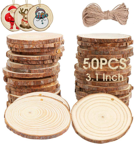AerWo Natural Wood Slices 50 Pcs 2.7-3.1 Inches Craft Wood Kit Unfinished Predrilled with Hole