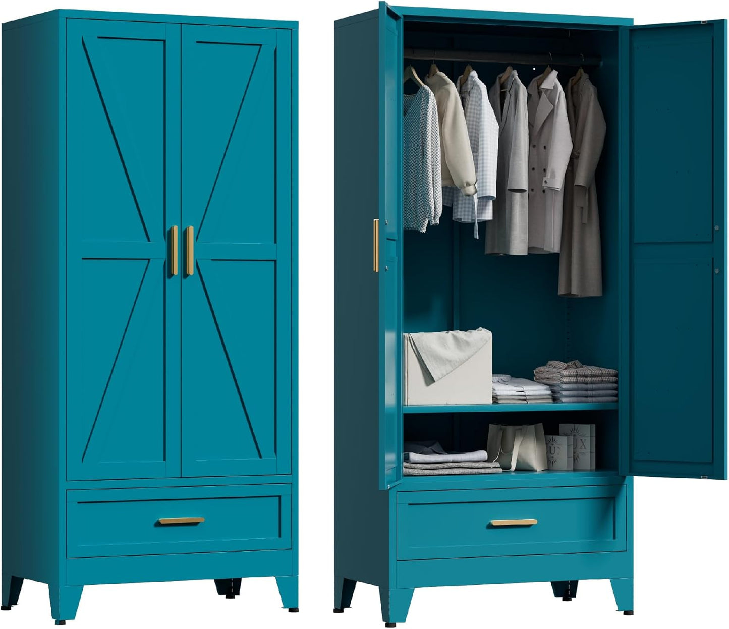 71'' Farmhouse Metal Wardrobe Cabinet with Hanging Rod, 2 Barn Door Wardrobe Closet with Adjustable