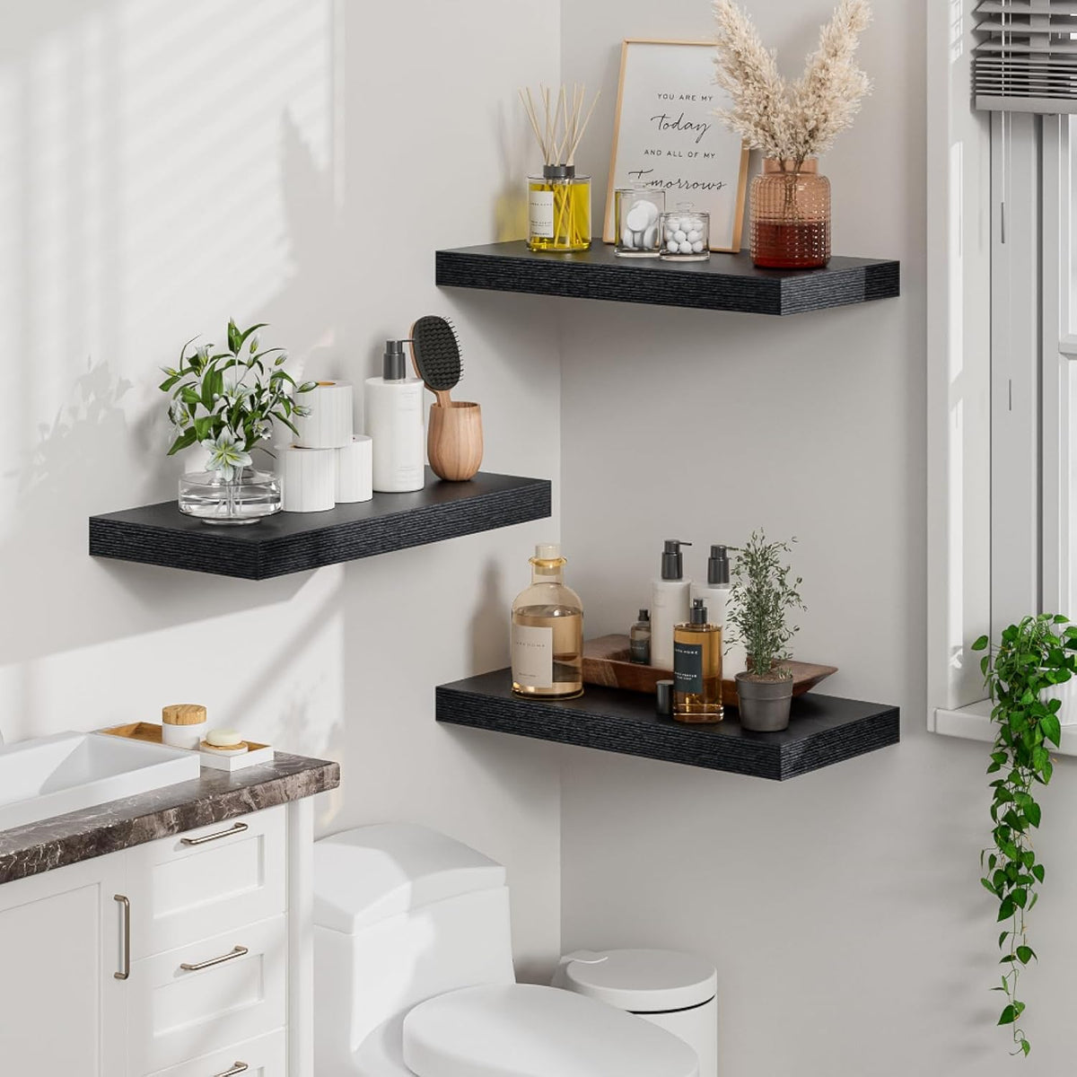 Heimlove 12" Deep Black Floating Shelves for Wall, 24 Inch Wall Shelf Bathroom Shelves Set of 2