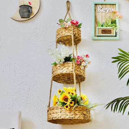 KINGWILLOW 3 Tier Hanging Fruit Basket, Handmade Natural Water Hyacinth Wall Vegetable Storage