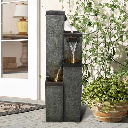 Modern Floor-Standing Water Fountain 39.3” High, Indoor Outdoor Water Fountain with Lights for