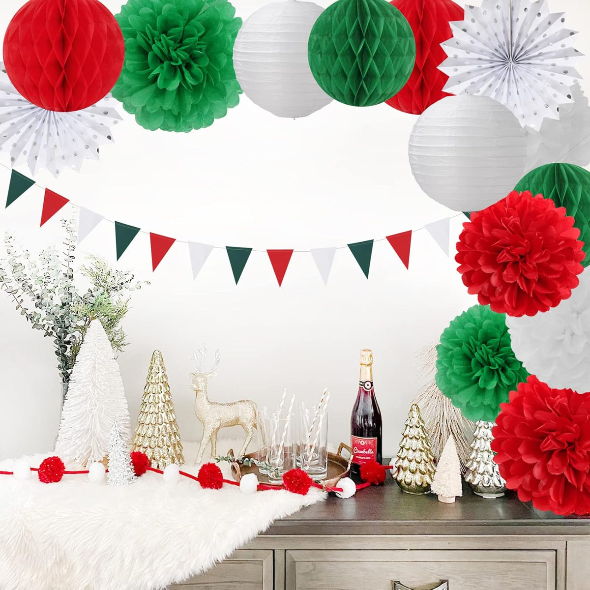 Red-Green White Party Decorations - 14pcs Winter Birthday New Year Paper Lanterns Fan,Italian