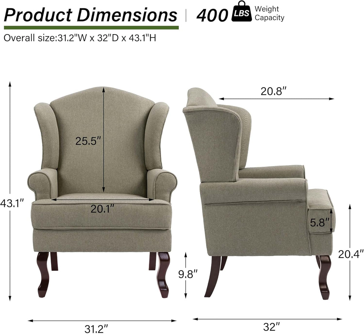 Accent Chair, High Back Upholstered Armchair with High Resilience Sponge & Wood Legs, Mid-Century
