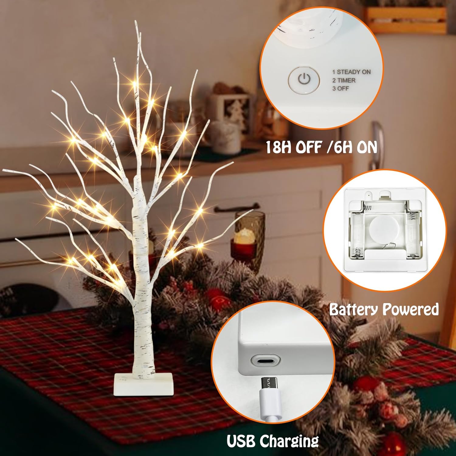 EAMBRITE Lighted Birch Tree Christmas Decorations Indoor for Home, 2Pack 24 LED Battery