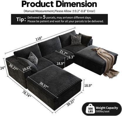 118" Cloud Couch Modular Sectional Sofa for Living Room,Modern Sofa with Deep Seat，U-Shape Boneless