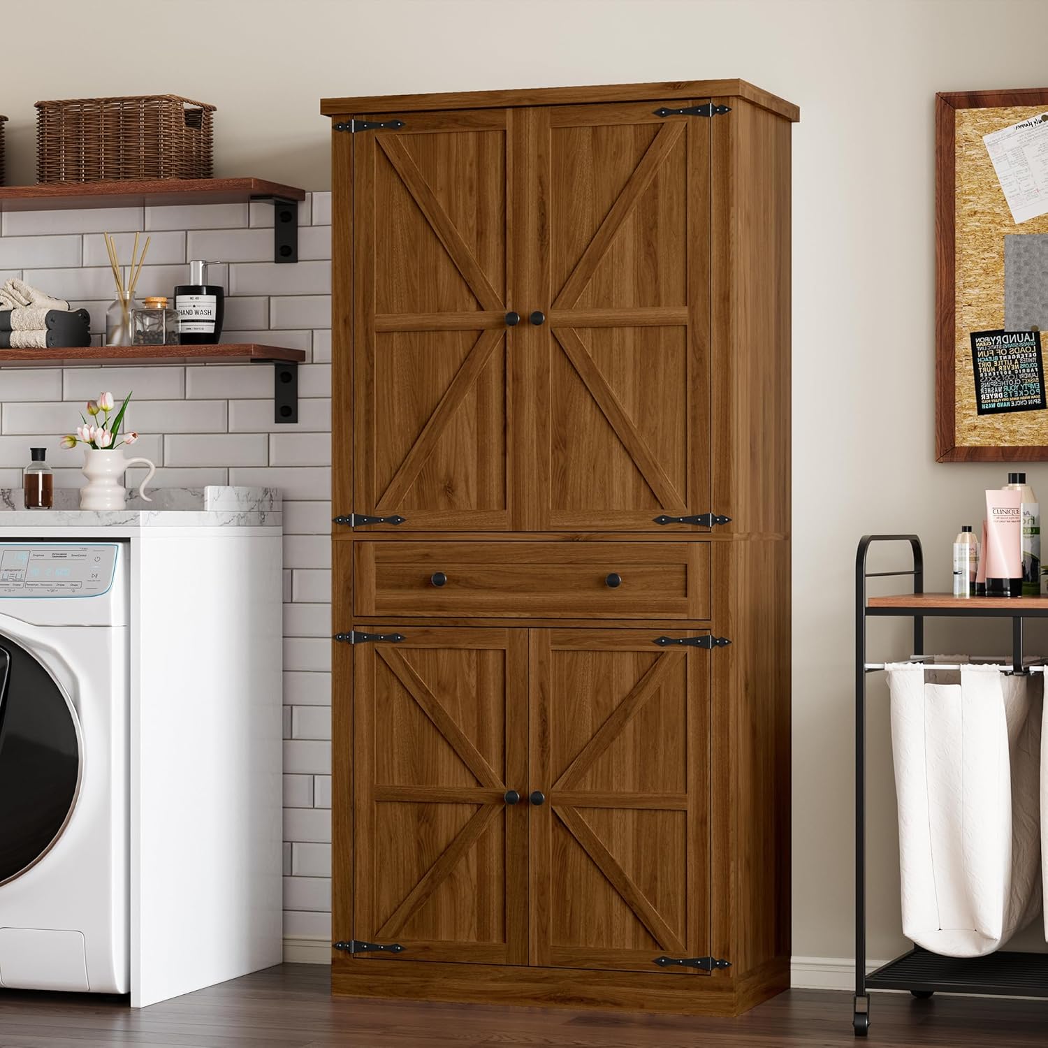 Pantry Organizers and Storage Cabinet, 70” Barn Door White Kitchen Cabinet with Drawers and
