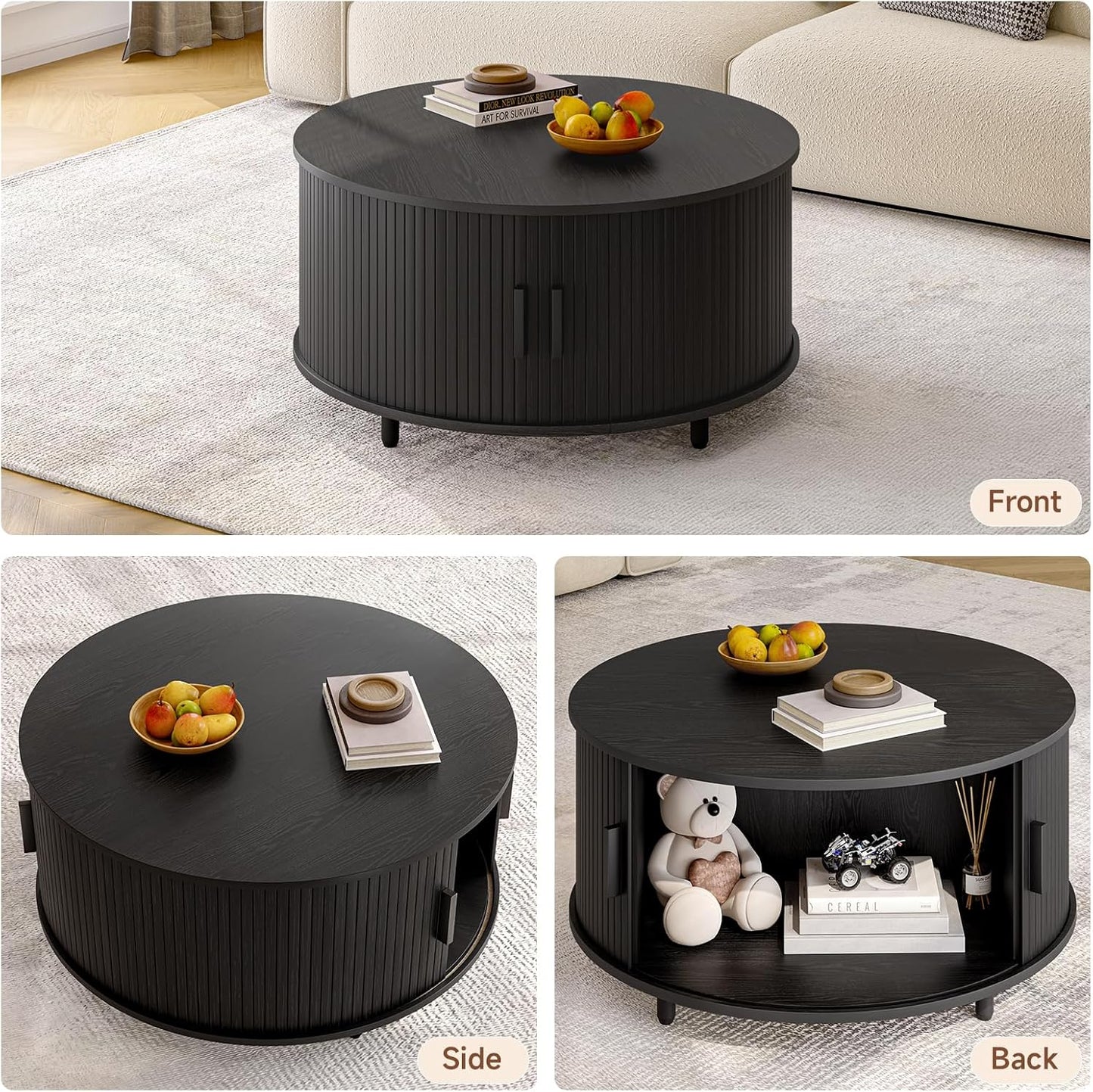 Round Coffee Table with Storage, 31.5" Modern Coffee Table with 360° Curved Sliding Door, Fluted