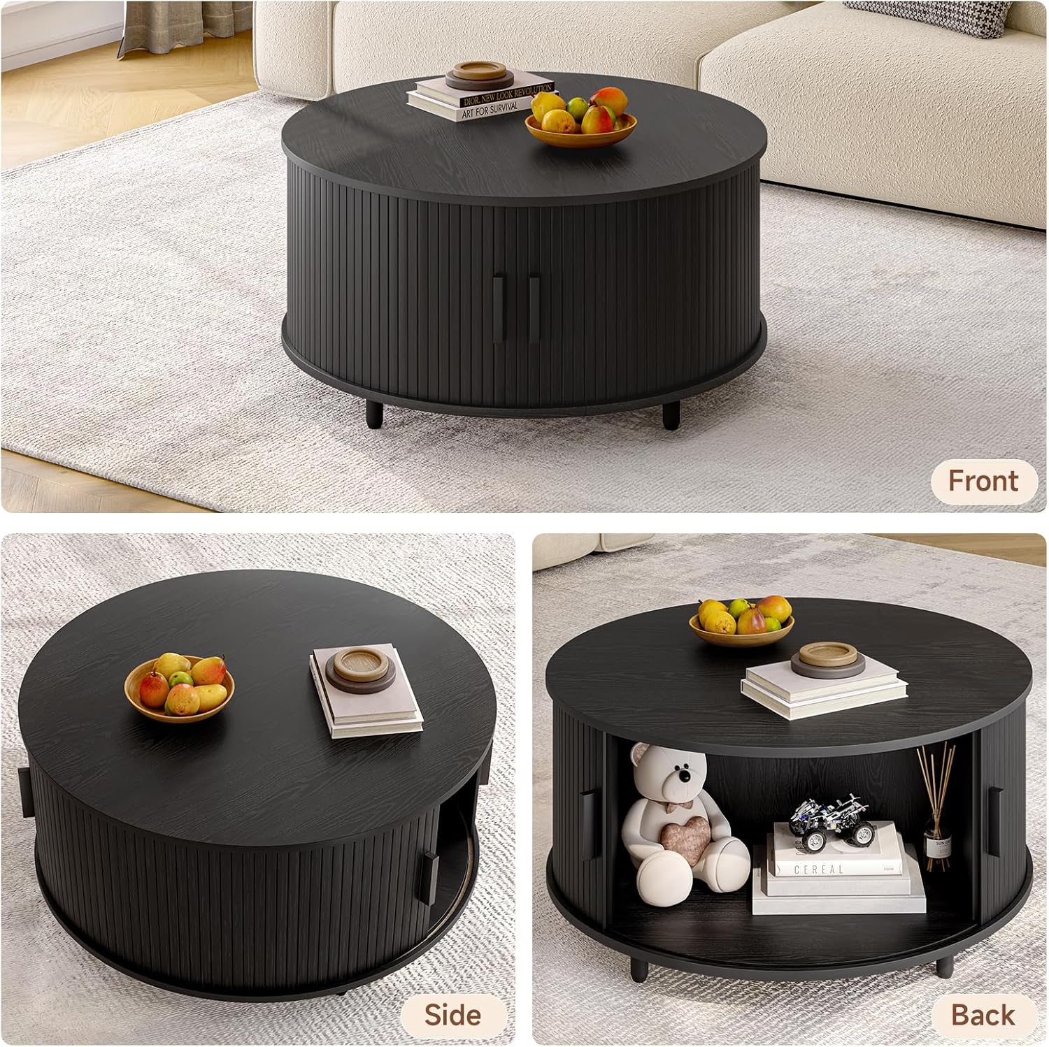 Round Coffee Table with Storage, 31.5" Modern Coffee Table with 360° Curved Sliding Door, Fluted