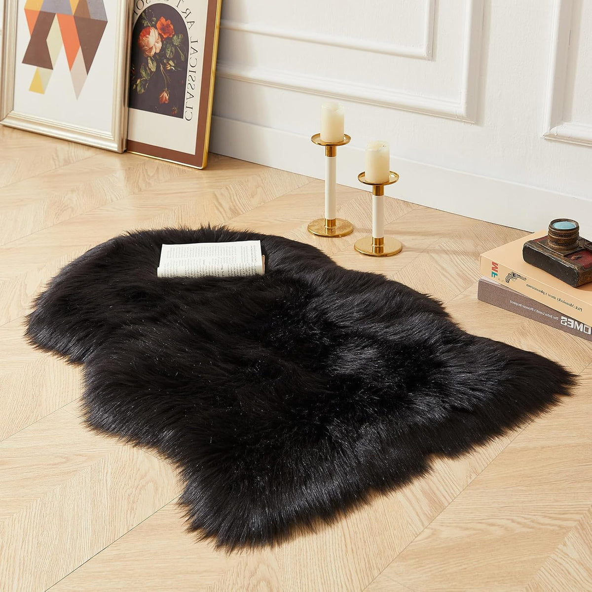 AMTOVO Faux Fur Rug, Black Small Area Rug, Fluffy Sheepskin Rug, Fuzzy Ultra Soft 2 x 3 ft Shag