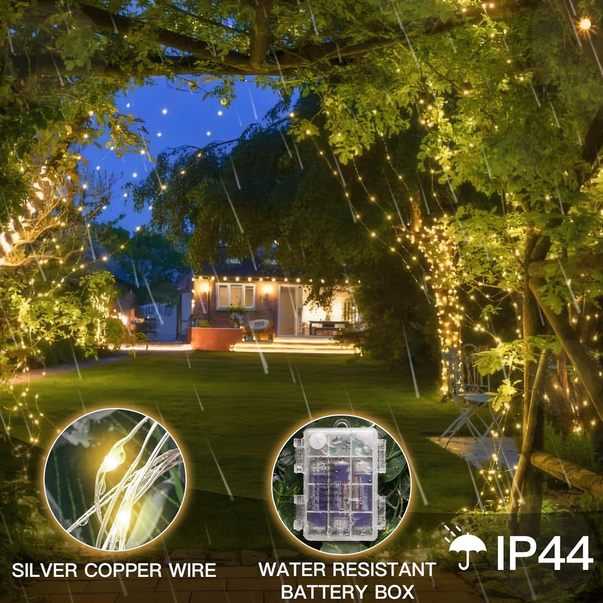suddus 66ft 200 LED Outdoor String Lights, Warm White Christmas Fairy Light Battery Operated with