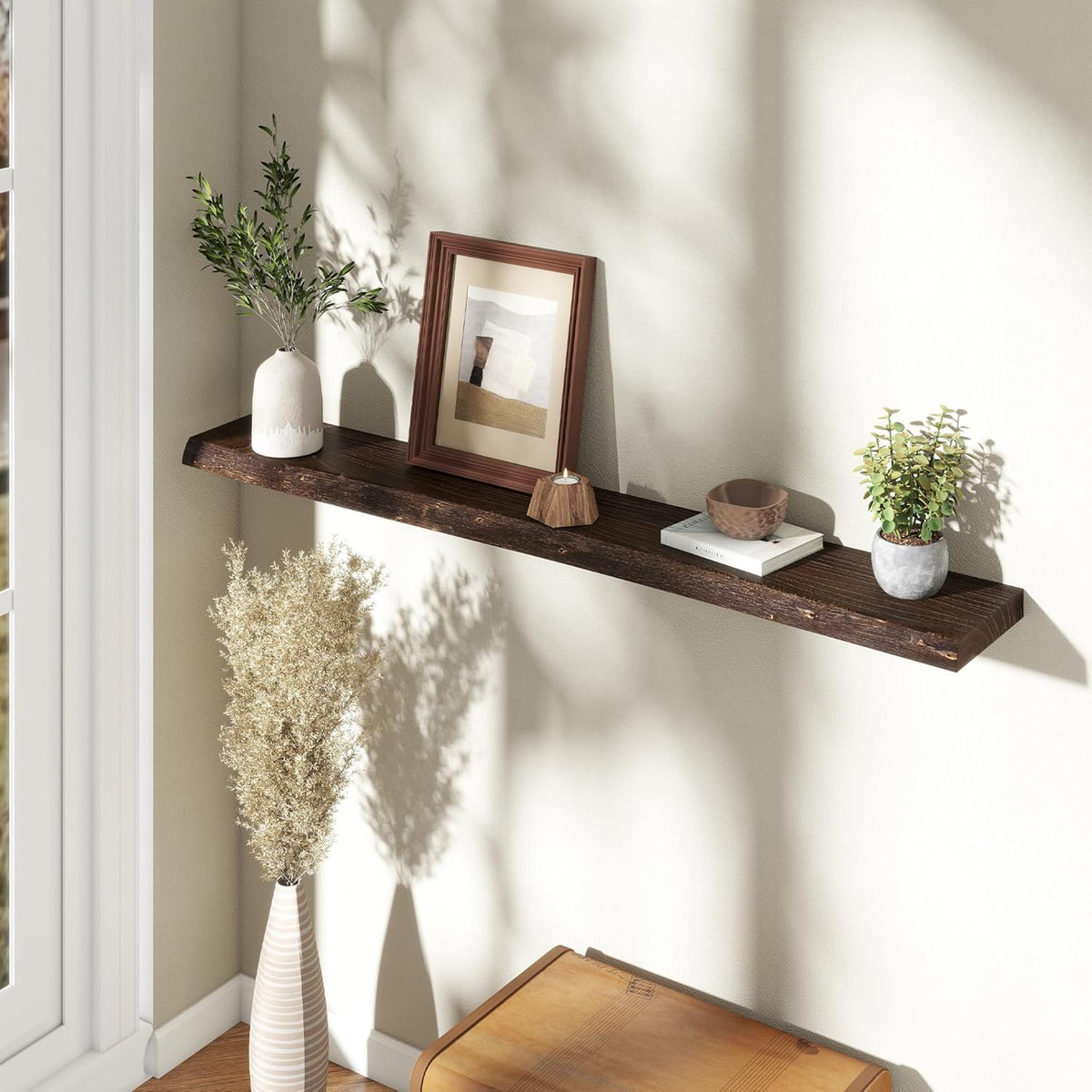 55" Floating Shelves, Live Edge Elm Wood Floating Shelf for Wall, Wall-Mounted Display Shelves with