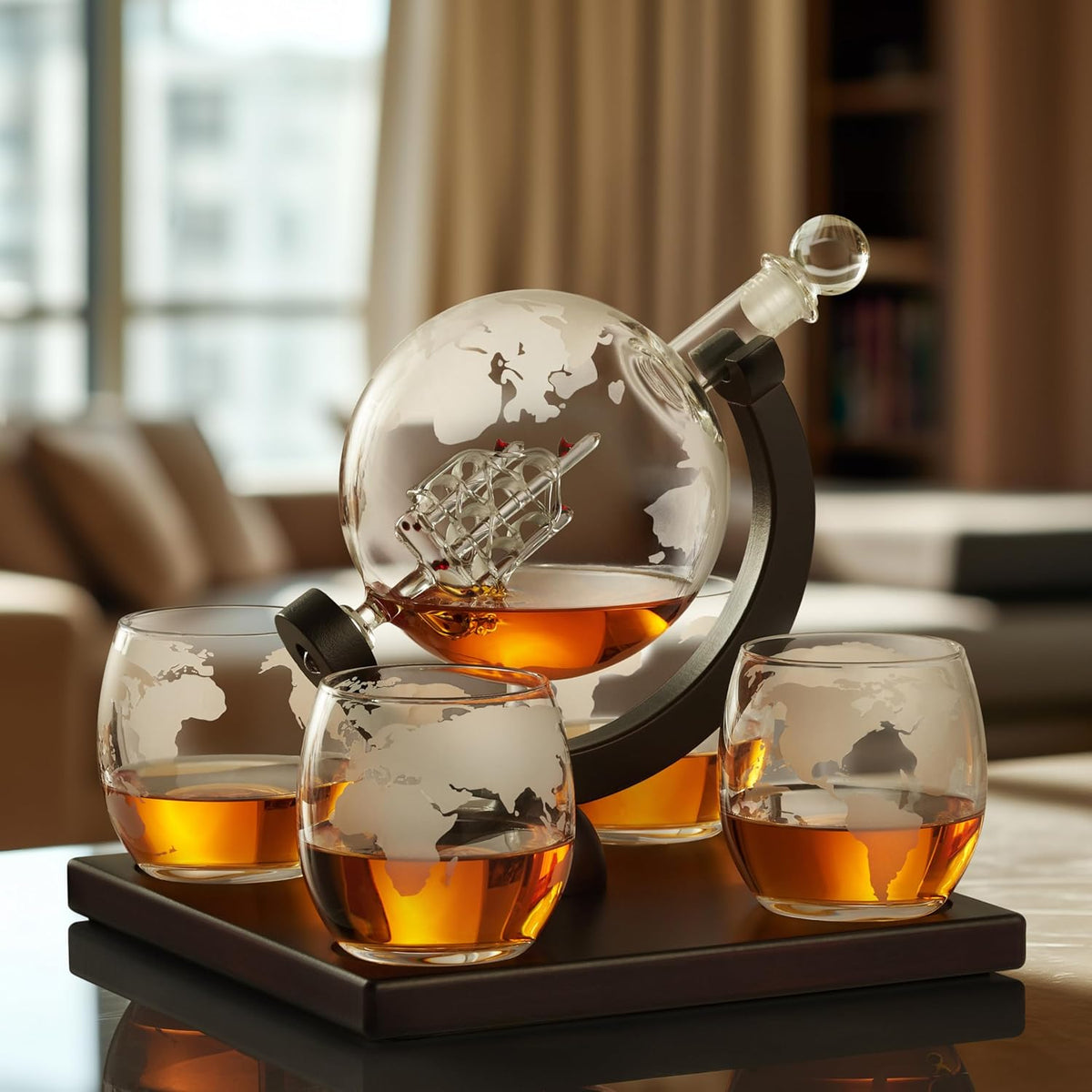 Whiskey Decanter Globe Set for Men with 4 Glasses, Bourbon, Rum, Scotch, Crystal Clear Decanter