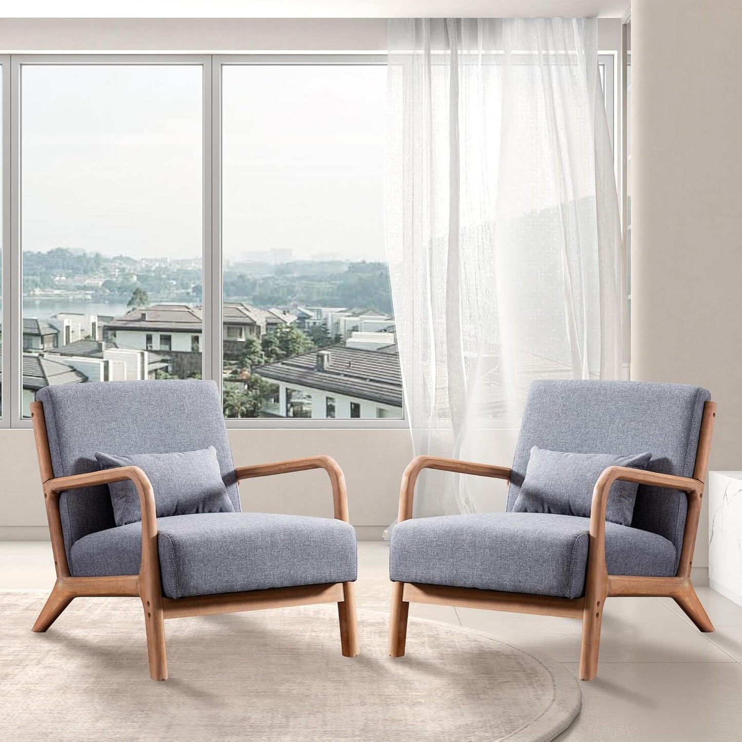 INZOY Mid-Century Modern Accent Chair Set of 2, Dark Grey Living Room Chairs with Waist Cushion