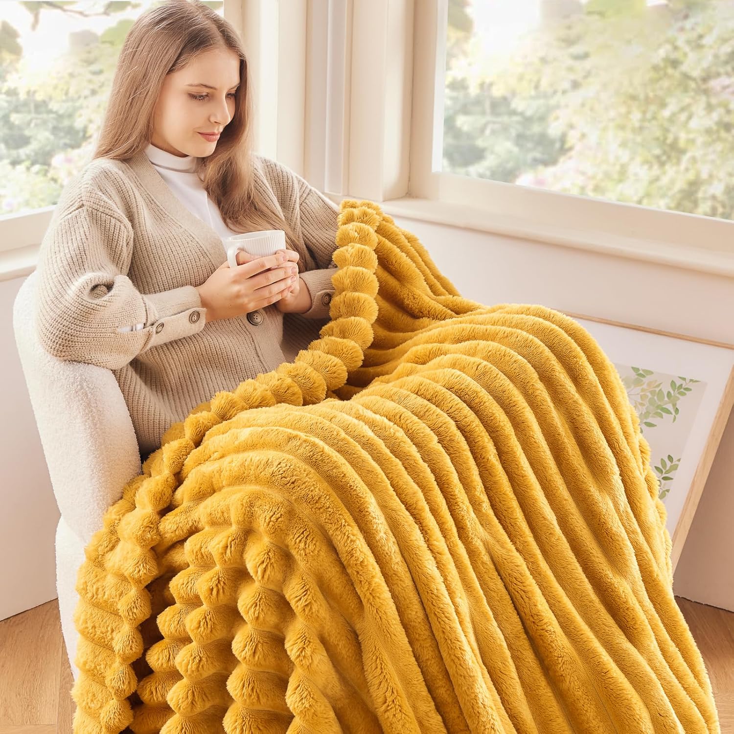 NEWCOSPLAY Super Soft Throw Blanket Mustard Yellow Premium Silky Flannel Fleece 3D Ribbed Jacquard
