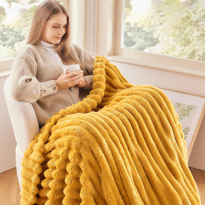 NEWCOSPLAY Super Soft Throw Blanket Mustard Yellow Premium Silky Flannel Fleece 3D Ribbed Jacquard