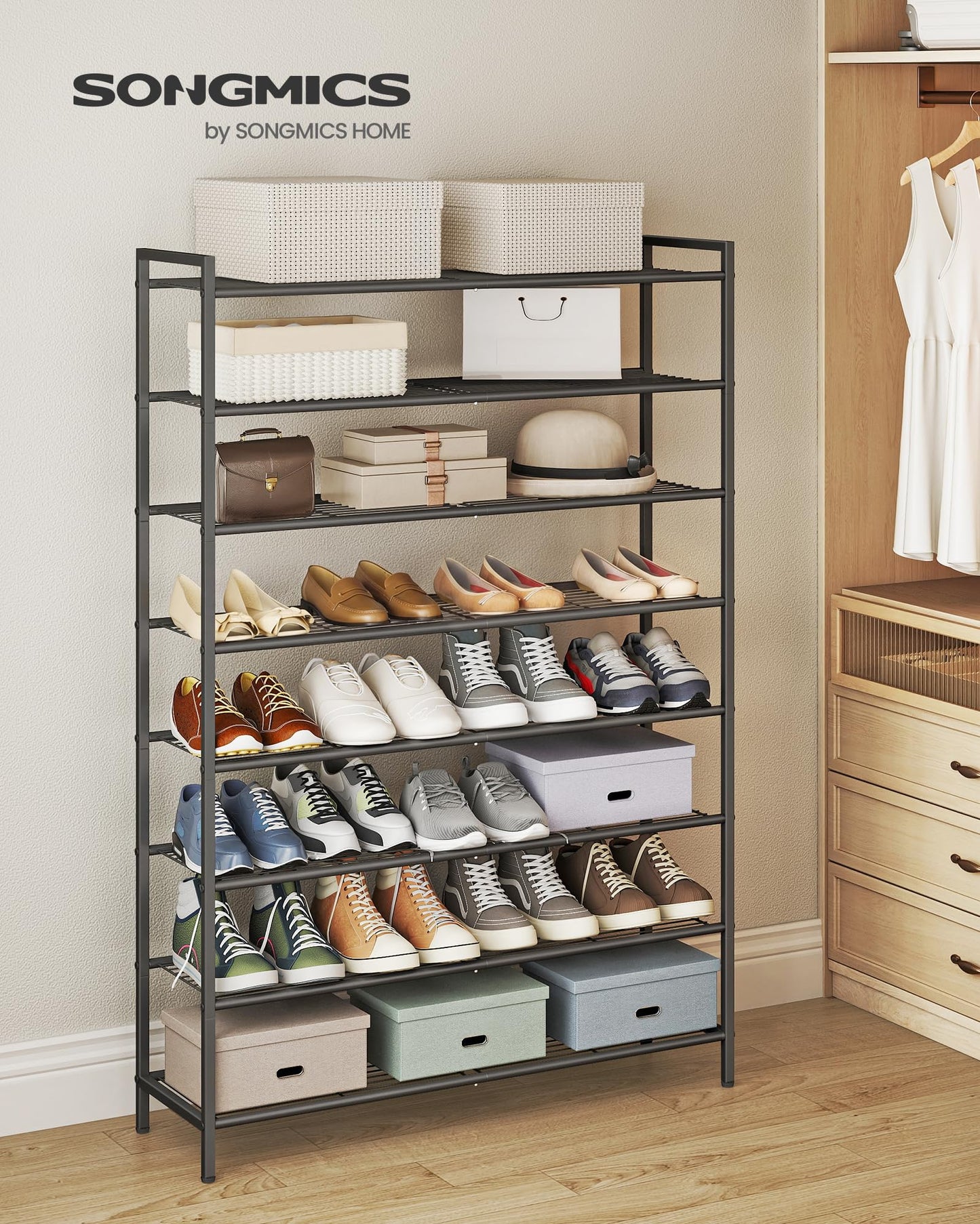 SONGMICS Metal Shoe Rack, Free Standing Shoe Organizer for Entryway Closet Garage Small Spaces
