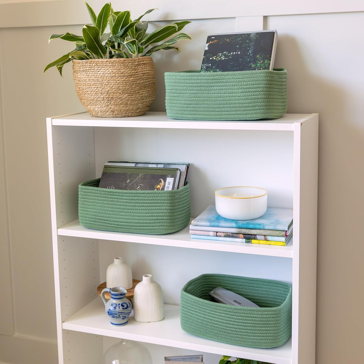 NaturalCozy 13.5”x8.5”x5.5” Rectangle Storage Baskets for Shelves 3 Pack | Cotton Rope Woven Small