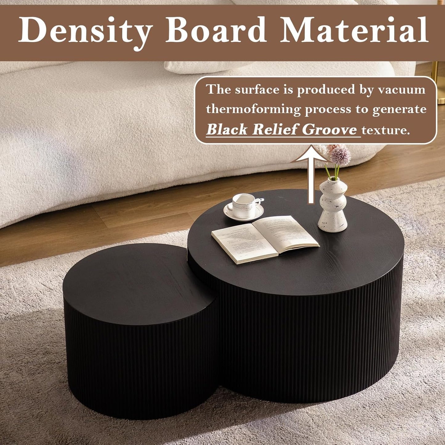 Round Nesting Coffee Table Black Round Fluted Coffee Table Set of 2 for Living Room Small Circle