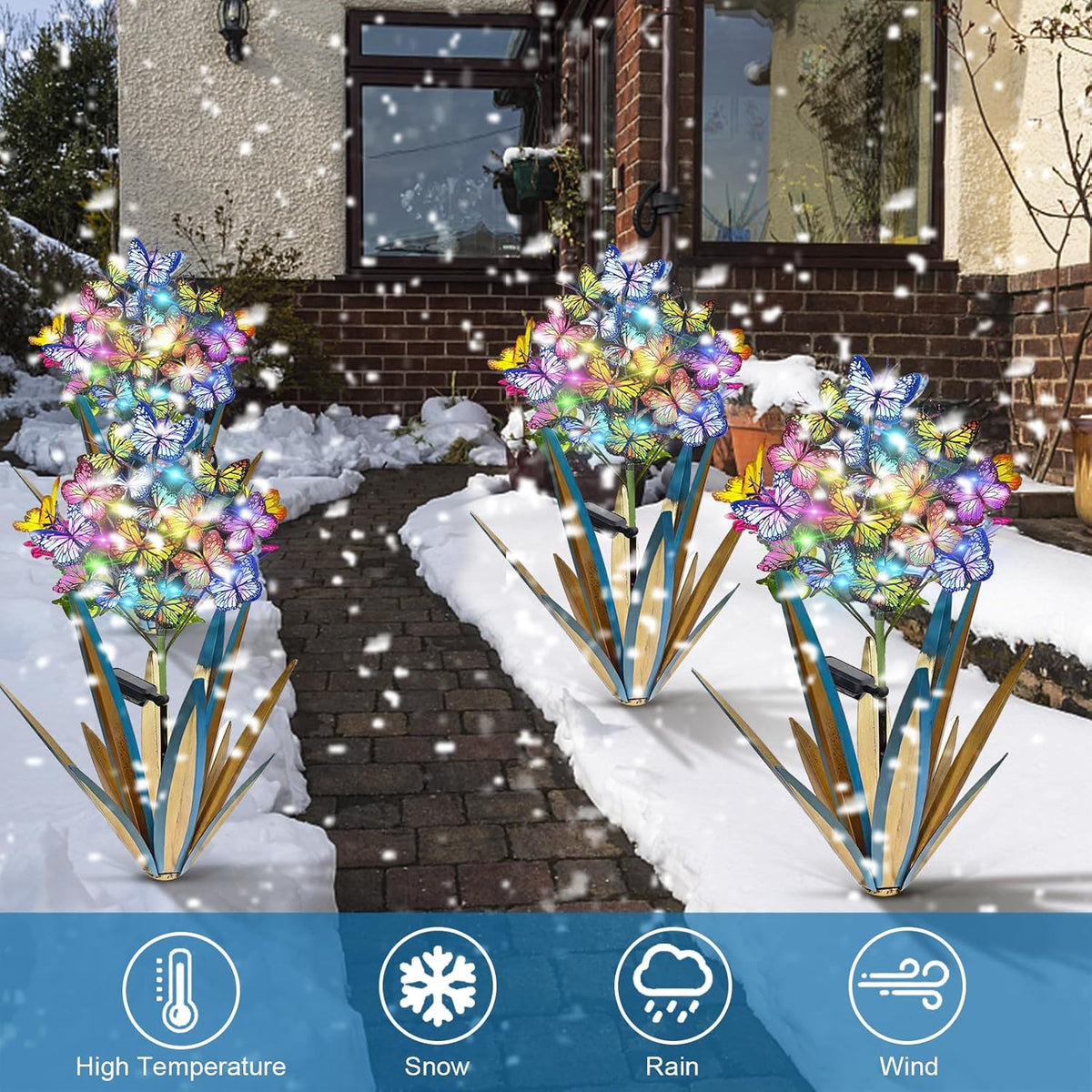 Homight Solar Metal Agave Butterfly Flower Stick Garden Sculpture - Outdoor Christmas Lights With