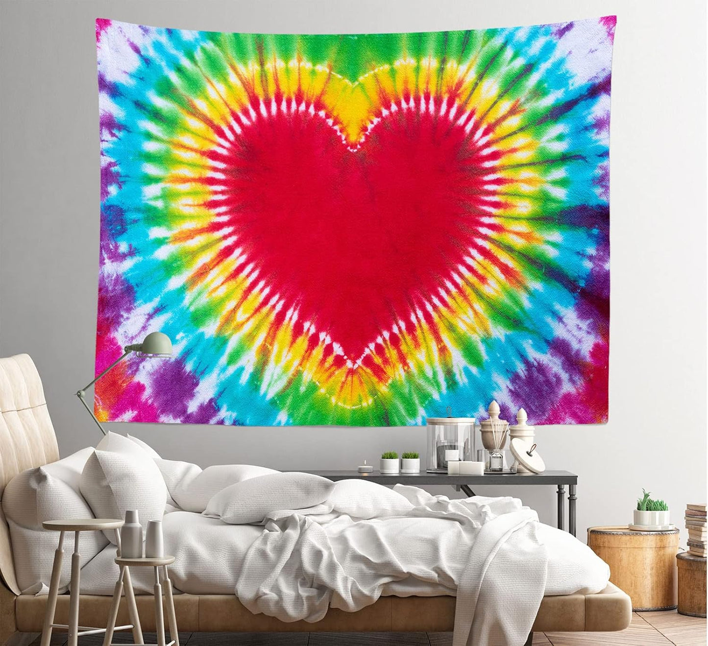 Loccor Colorful Tie Dye Tapestry Rainbow Heart Tie Dye Watercolor Wall Hanging Abstract Hippie Wall