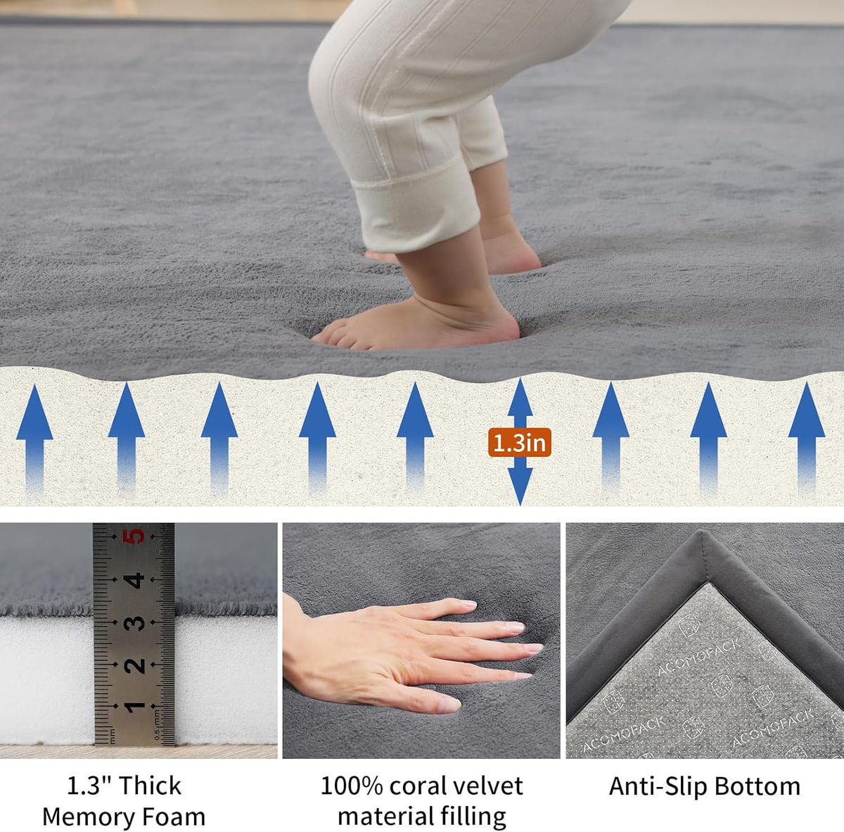 ACOMOPACK Baby Play Mat for Floor,1.3" Thick Memory Foam Area Rug for Living Room,Soft Velvet