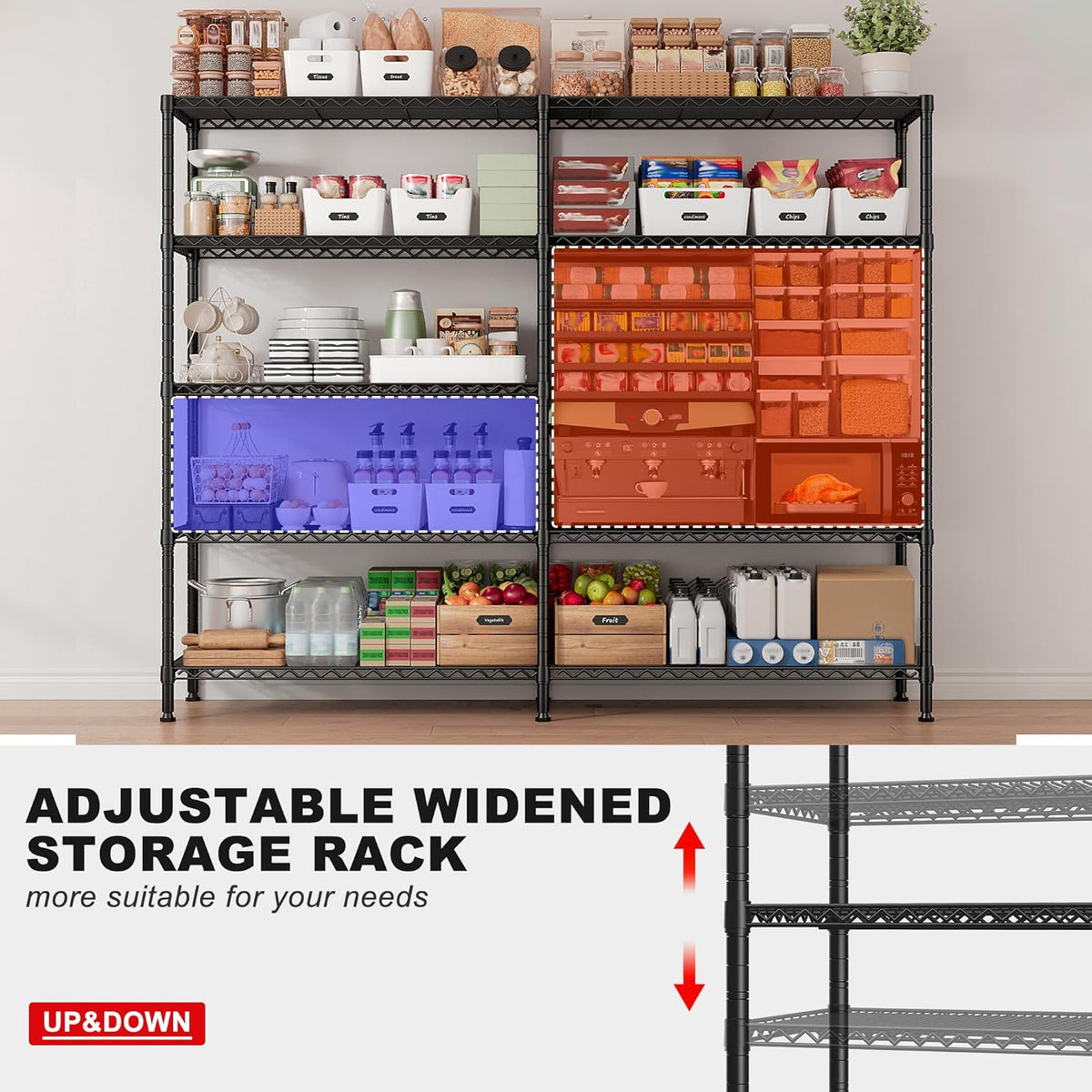 REIBII 1500LBS Storage Shelves Metal Shelving Unit 61.7''W Wire Shelving, 5 Tier Pantry Shelves