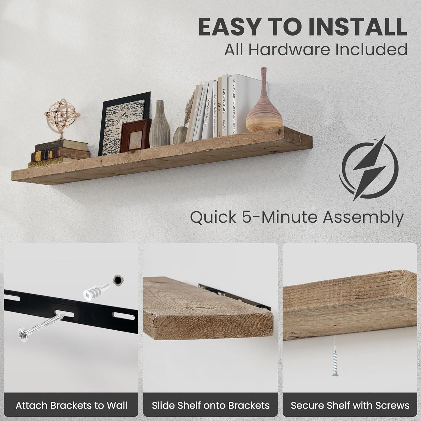 Solid Wood Floating Shelves, 8" Deep Rustic Reclaimed Barnwood Wall Hanging Floating Shelf with