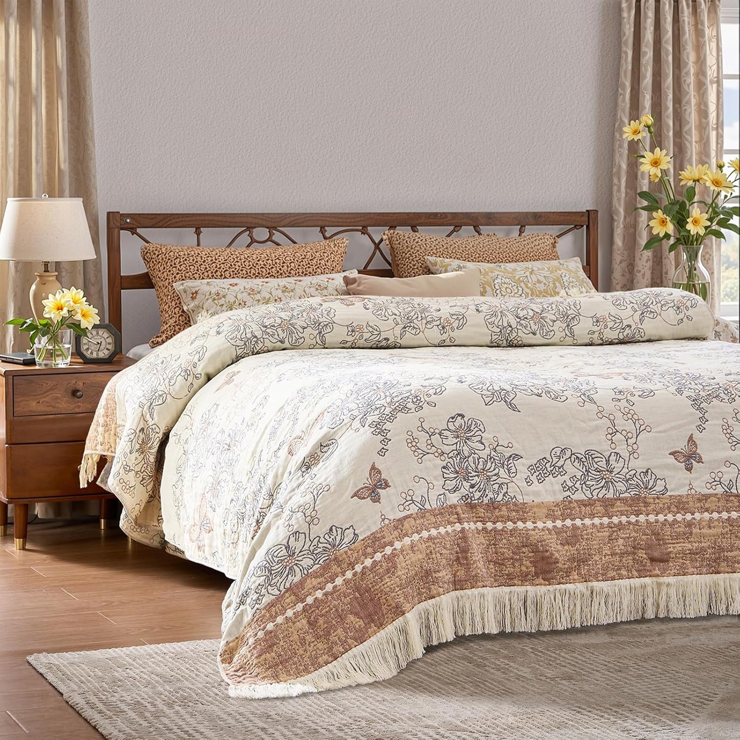 JINCHAN Boho Floral 100% Cotton Blanket 4-Layer Throw Blanket with Tassel Taupe and White Flower