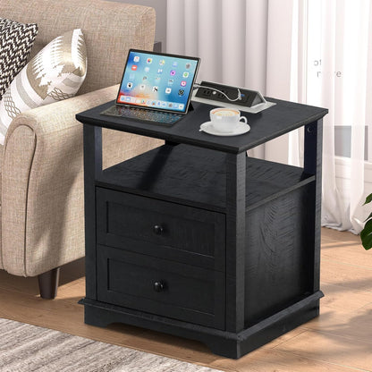 HIFYOBRO End Table with 2 Drawers and Charging Station, Type-C & USB Port & Power outlets, Wooden
