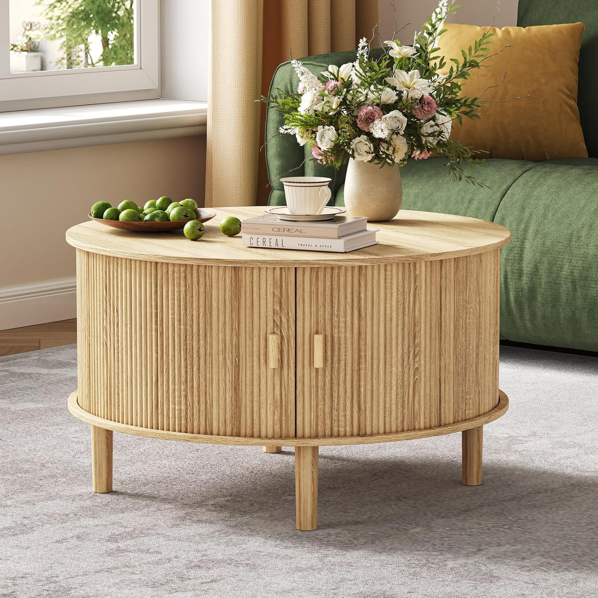 Round Coffee Table with Storage,Fluted Table with 360°Curved Sliding Doors,Solid Wood Legs, Mid
