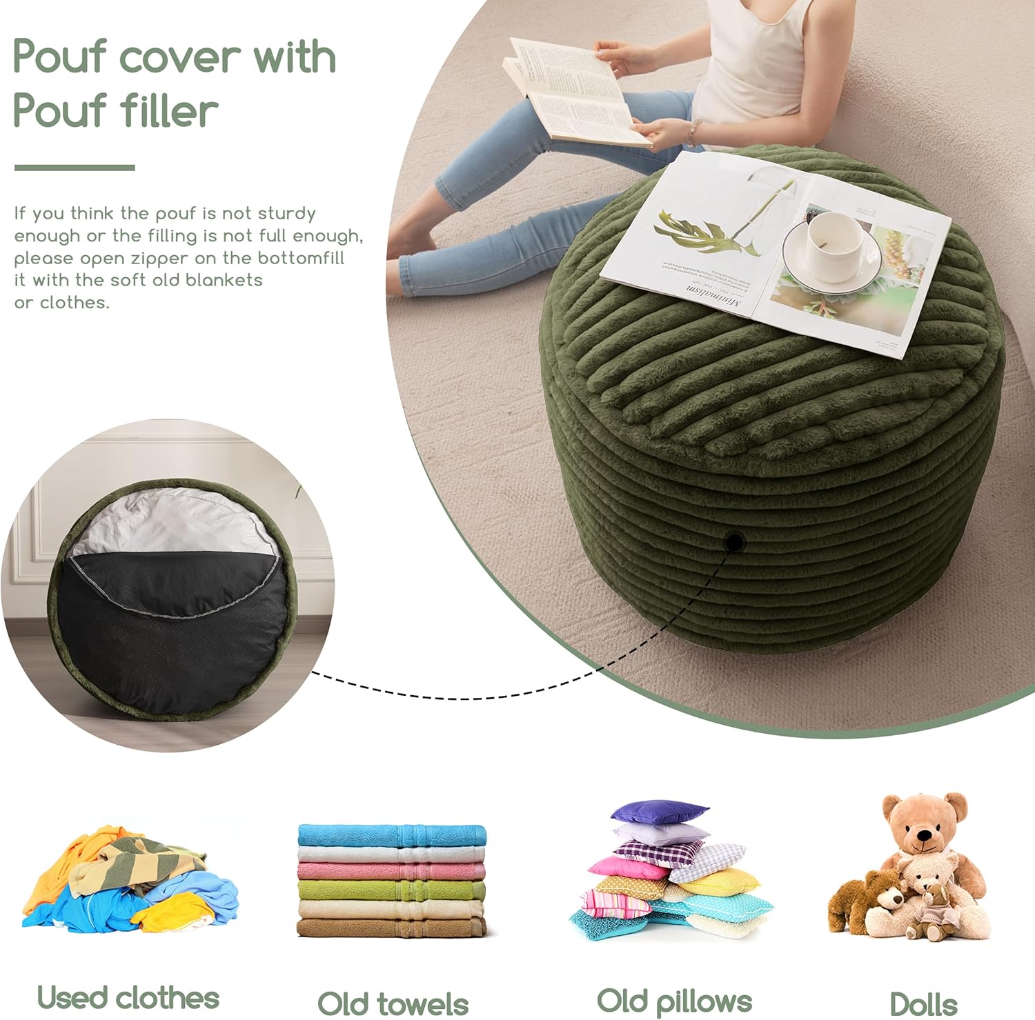 HIGOGOGO Round Stuffed Pouf Ottoman, Stripe Faux Fur Poufs with Foam Chunk Filling, Furry and