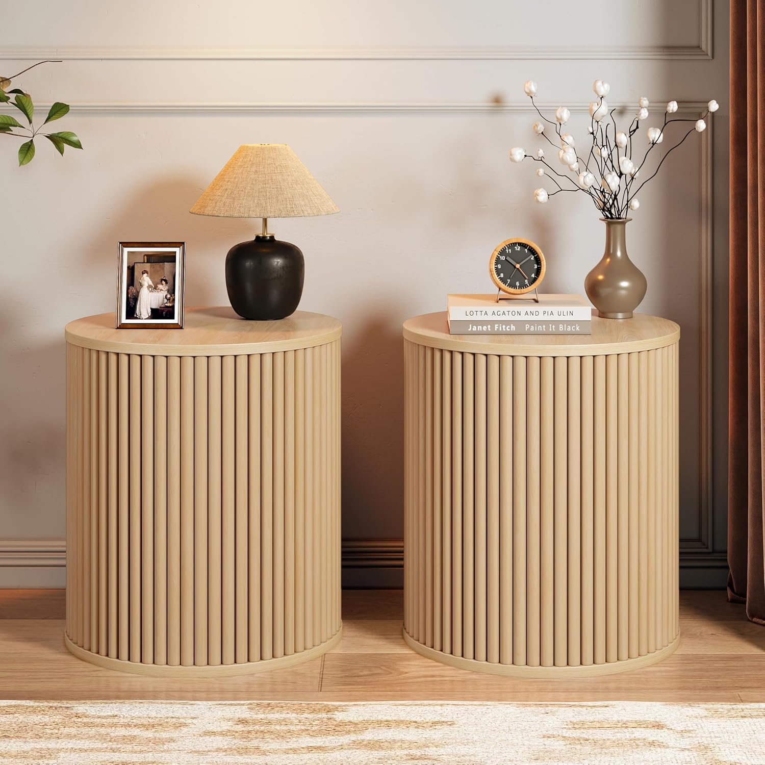 AVZEAR Small Round Side Table Fluted Night Stand Set of 2, Modern Boho End Table with Storage