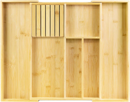VaeFae Bamboo Kitchen Drawer Organizer, Wooden Utensil Tray with Multiple Compartments, Cutlery and