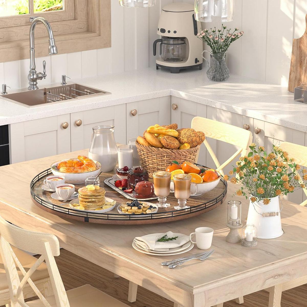 Acacia Wood 24" Lazy Susan Turntable Organizer for Table Top, Farmhouse Extra Large Round Lazy