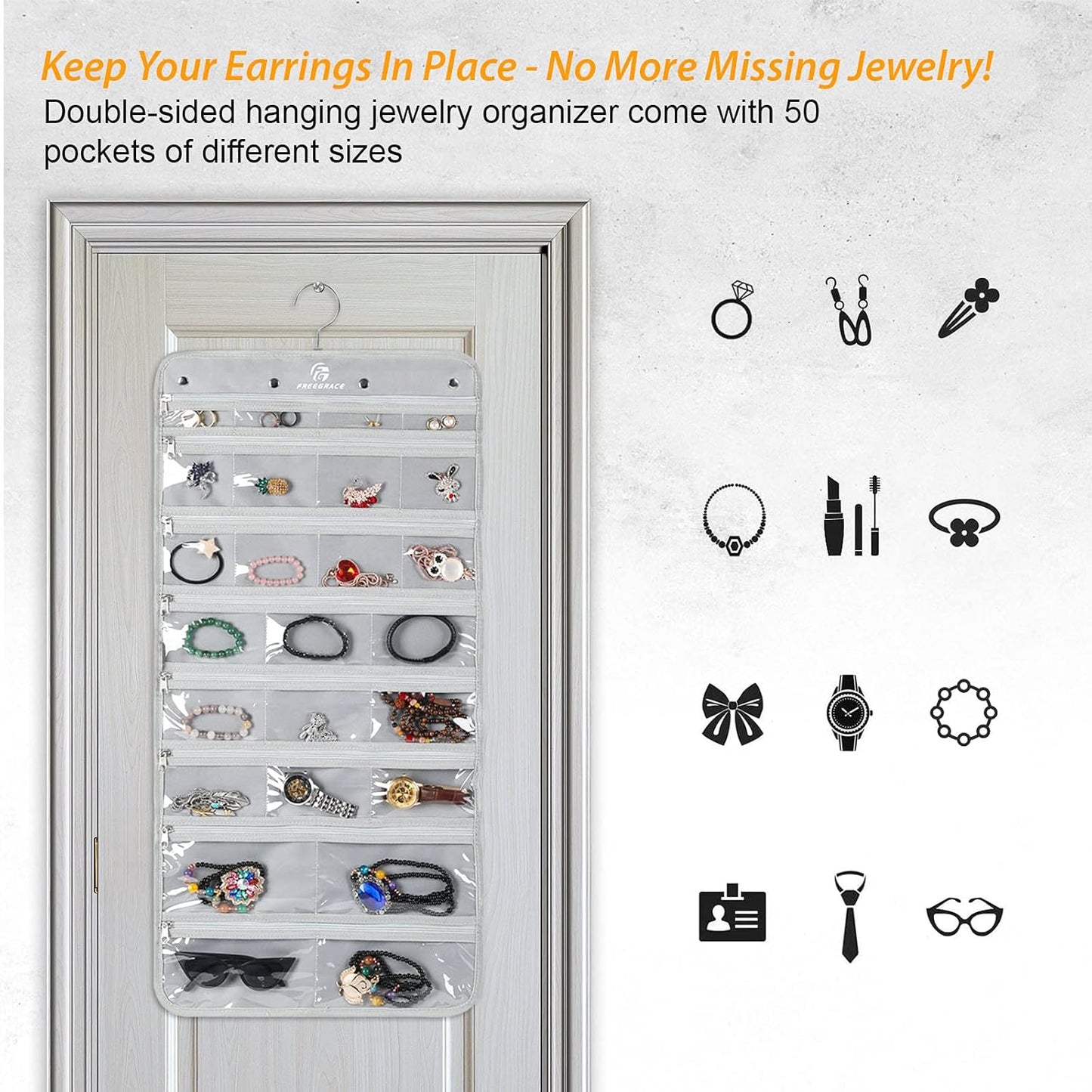 Freegrace Hanging Jewelry Organizer Revolving Hanger - Secure Zipper Closure - 50 Pockets