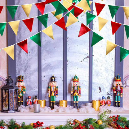 Christmas Party Decorations Triangle Pennant Banner Flag Red Green Gold Metallic Fabric Bunting