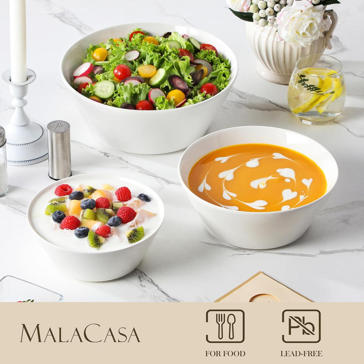 MALACASA Serving Bowls, Ceramic Mixing Bowls for Kitchen, 105/60/35 OZ White Bowls Set of 3