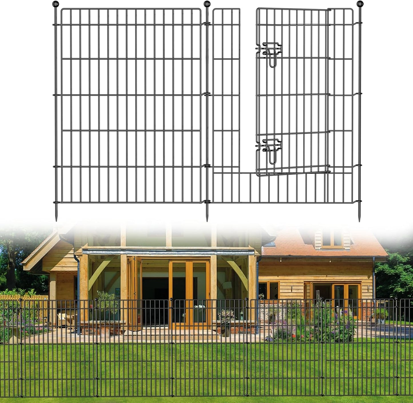10 Panels No Dig Garden Fence with Gate, 44in(H) × 23.6ft(L) Decorative Metal Outdoor Dog Fence
