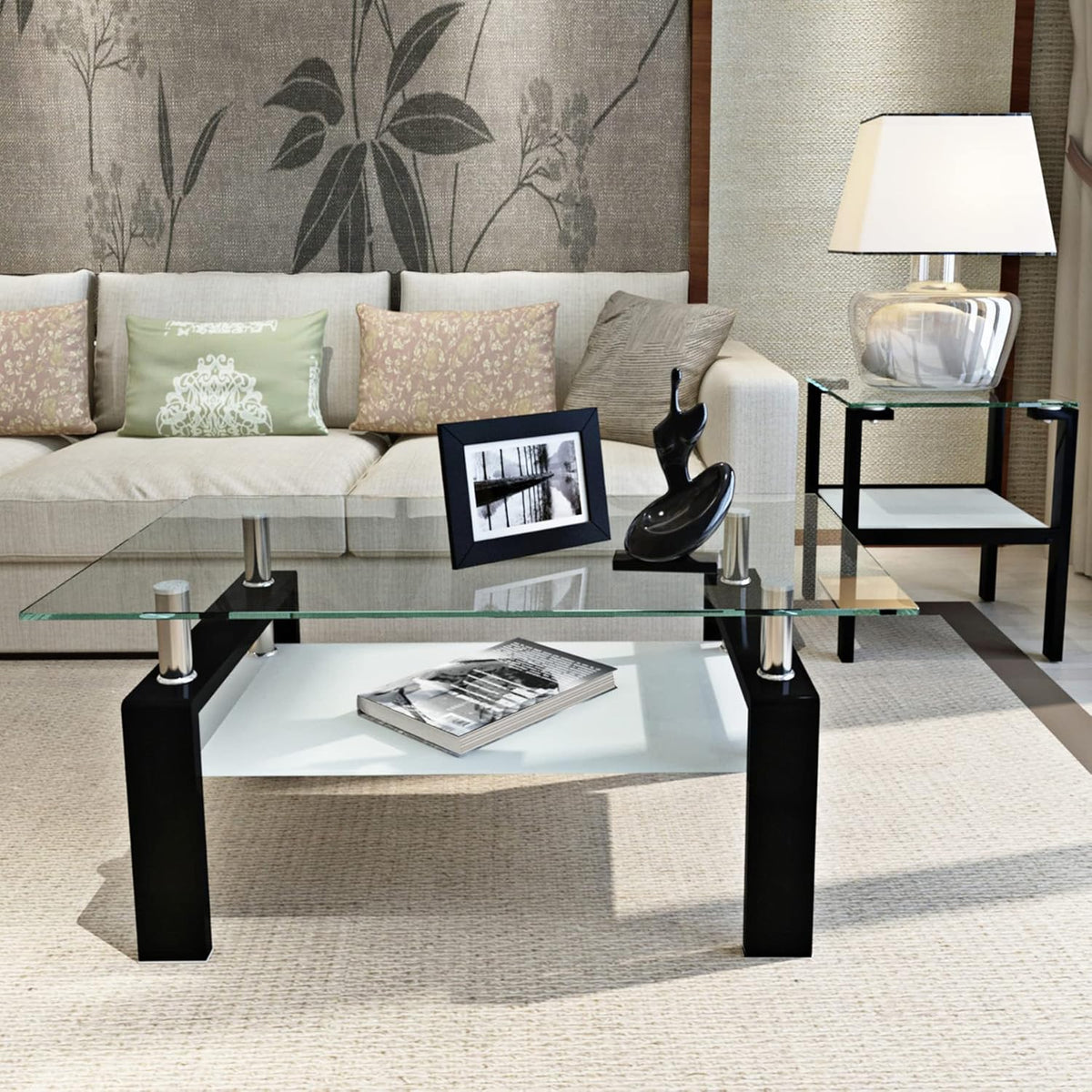 Glass Coffee Table for Living Room, 2 Layer Center Table with Clear Rectangle Tempered Glass Top
