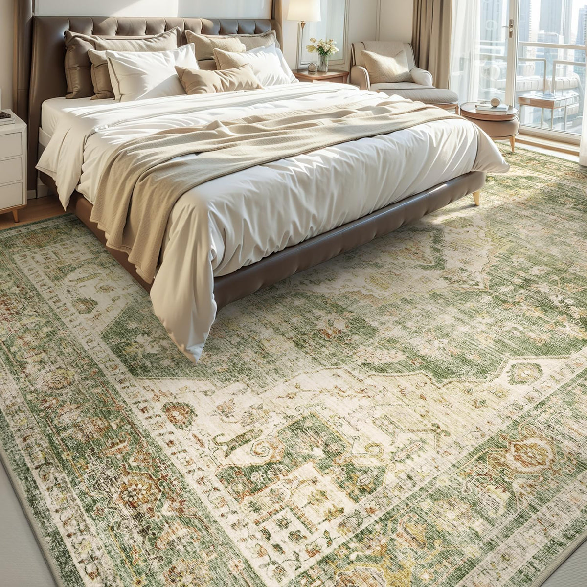 AMOAMI-Area Rug 5X7 Rugs for Living Room-Vintage Soft Green Rugs for Bedroom-Non Slip